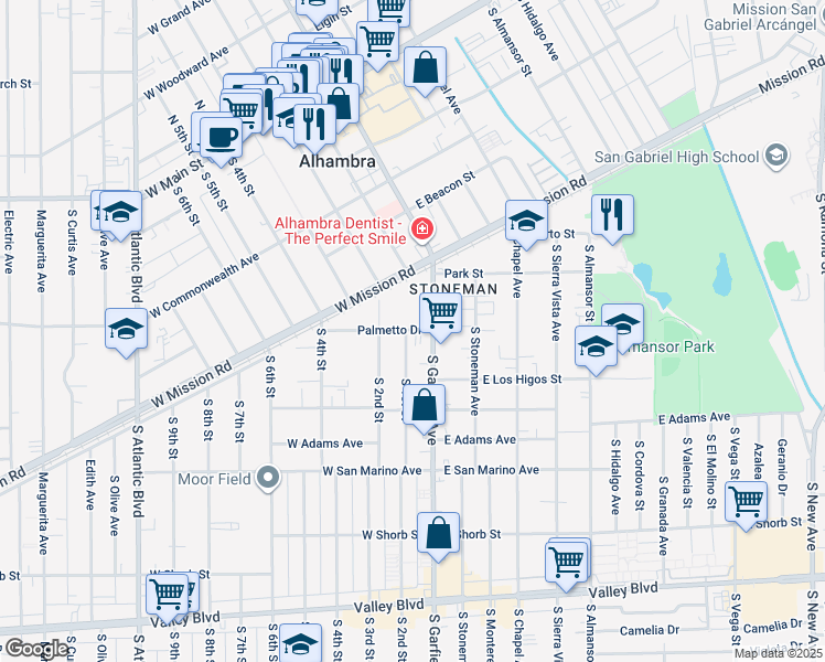 map of restaurants, bars, coffee shops, grocery stores, and more near 11 Palmetto Drive in Alhambra