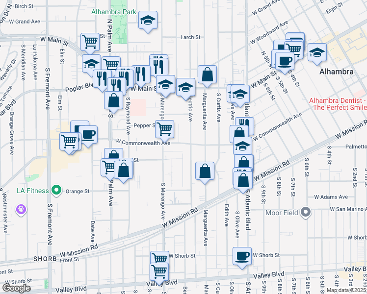map of restaurants, bars, coffee shops, grocery stores, and more near 1507 West Commonwealth Avenue in Alhambra