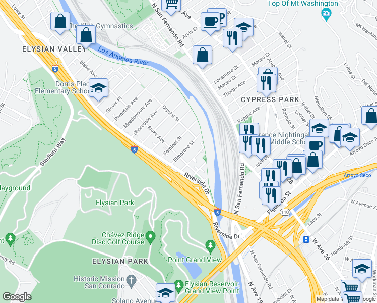 map of restaurants, bars, coffee shops, grocery stores, and more near 2338 Elmgrove Street in Los Angeles