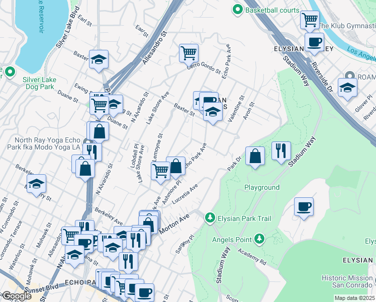 map of restaurants, bars, coffee shops, grocery stores, and more near 1957 Echo Park Avenue in Los Angeles