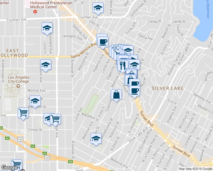 map of restaurants, bars, coffee shops, grocery stores, and more near 1332 Edgecliffe Drive in Los Angeles