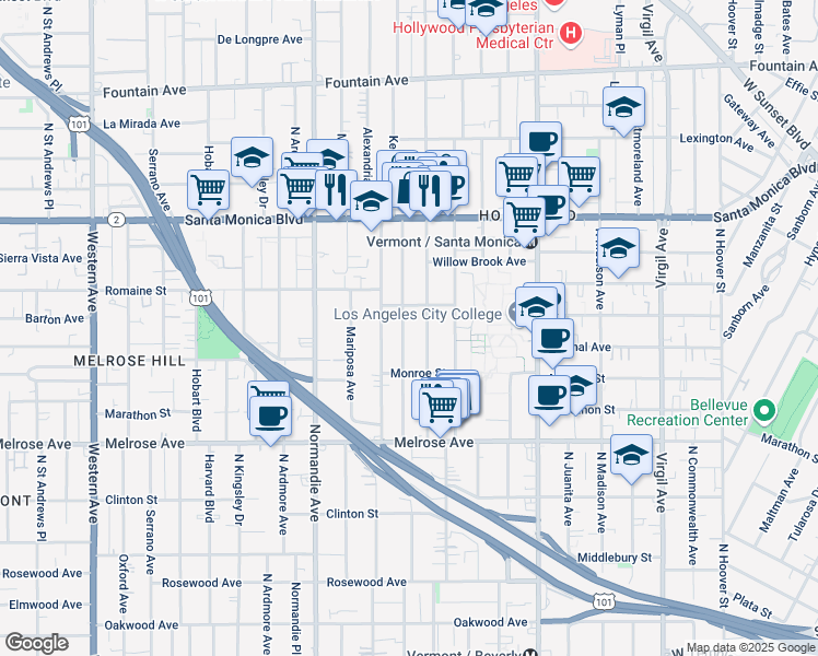 map of restaurants, bars, coffee shops, grocery stores, and more near 854 North Alexandria Avenue in Los Angeles
