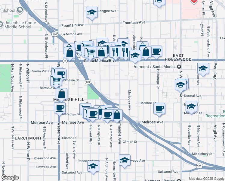 map of restaurants, bars, coffee shops, grocery stores, and more near 947 1/2 North Ardmore Avenue in Los Angeles