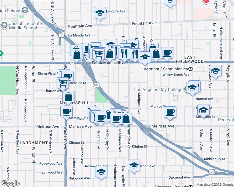 map of restaurants, bars, coffee shops, grocery stores, and more near 947 1/2 North Ardmore Avenue in Los Angeles