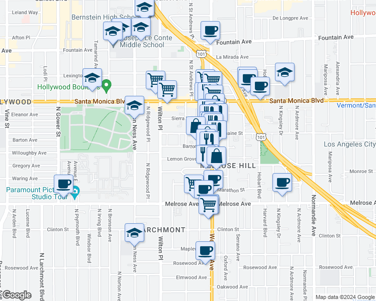 map of restaurants, bars, coffee shops, grocery stores, and more near 5446 Barton Avenue in Los Angeles