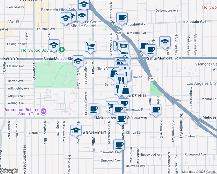 map of restaurants, bars, coffee shops, grocery stores, and more near 5446 Barton Avenue in Los Angeles