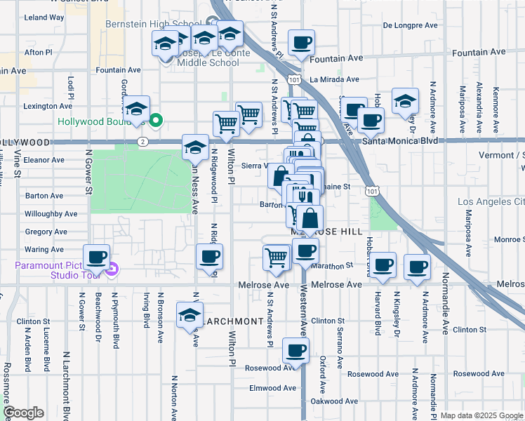 map of restaurants, bars, coffee shops, grocery stores, and more near 5446 Barton Avenue in Los Angeles