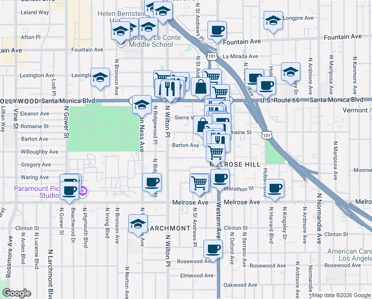 map of restaurants, bars, coffee shops, grocery stores, and more near 5524 Barton Avenue in Los Angeles