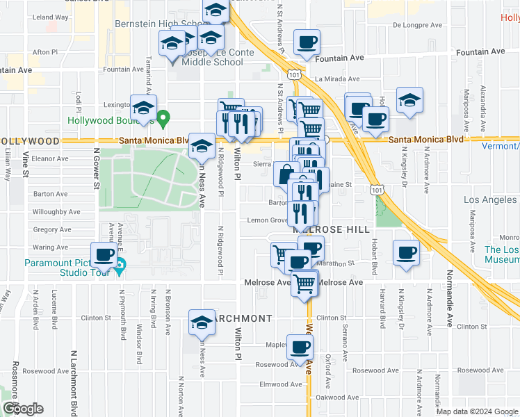 map of restaurants, bars, coffee shops, grocery stores, and more near 5524 Barton Avenue in Los Angeles
