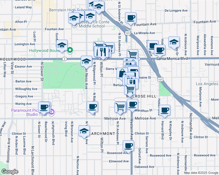 map of restaurants, bars, coffee shops, grocery stores, and more near 5524 Barton Avenue in Los Angeles