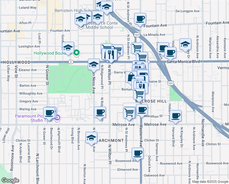 map of restaurants, bars, coffee shops, grocery stores, and more near 5524 Barton Avenue in Los Angeles