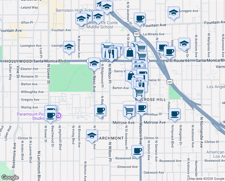 map of restaurants, bars, coffee shops, grocery stores, and more near 5524 Barton Avenue in Los Angeles