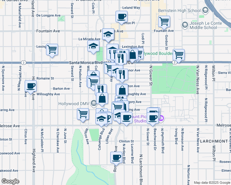 map of restaurants, bars, coffee shops, grocery stores, and more near 901 Vine Street in Los Angeles
