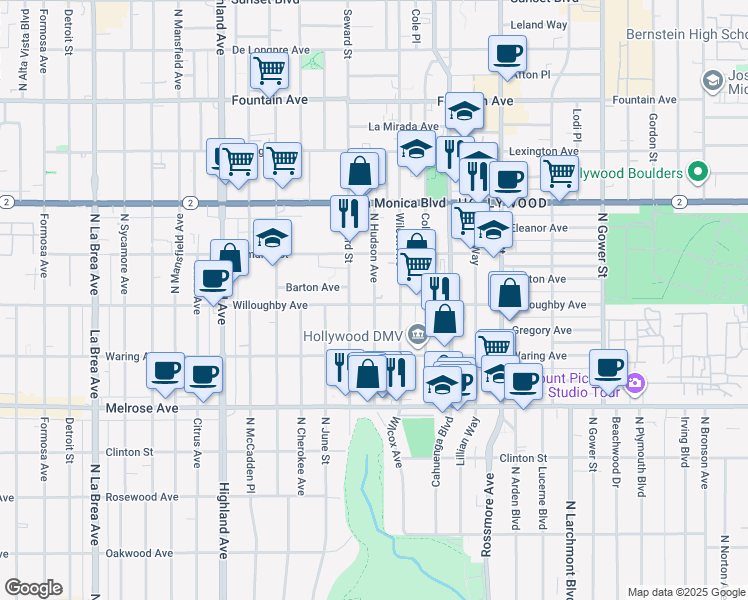 map of restaurants, bars, coffee shops, grocery stores, and more near 912 North Hudson Avenue in Los Angeles