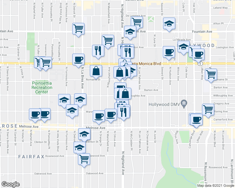 map of restaurants, bars, coffee shops, grocery stores, and more near 910 North Citrus Avenue in Los Angeles