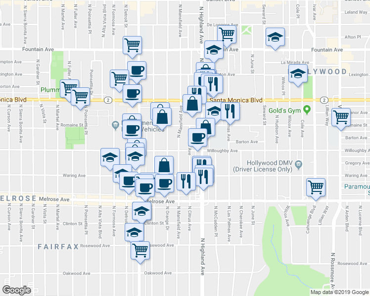 map of restaurants, bars, coffee shops, grocery stores, and more near 910 North Citrus Avenue in Los Angeles