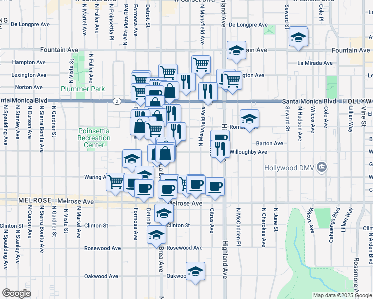 map of restaurants, bars, coffee shops, grocery stores, and more near 7029 Willoughby Avenue in Los Angeles