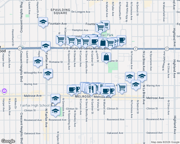 map of restaurants, bars, coffee shops, grocery stores, and more near 904 North Gardner Street in West Hollywood