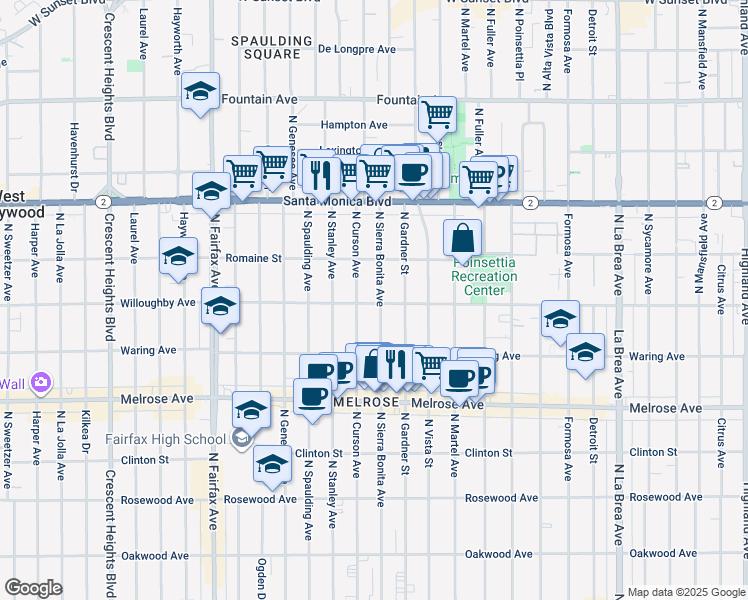 map of restaurants, bars, coffee shops, grocery stores, and more near 909 North Sierra Bonita Avenue in West Hollywood