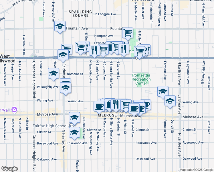 map of restaurants, bars, coffee shops, grocery stores, and more near 909 North Sierra Bonita Avenue in West Hollywood