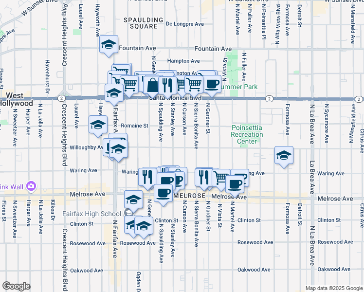 map of restaurants, bars, coffee shops, grocery stores, and more near 912 North Stanley Avenue in West Hollywood