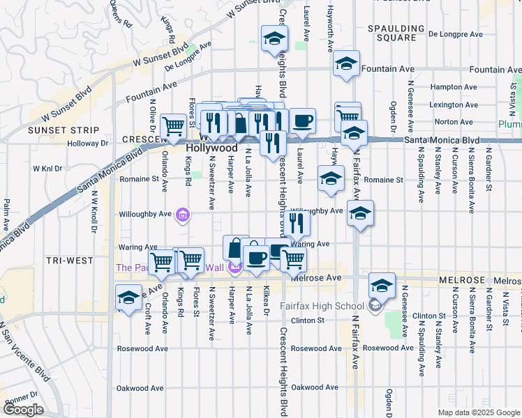 map of restaurants, bars, coffee shops, grocery stores, and more near 916 North La Jolla Avenue in West Hollywood