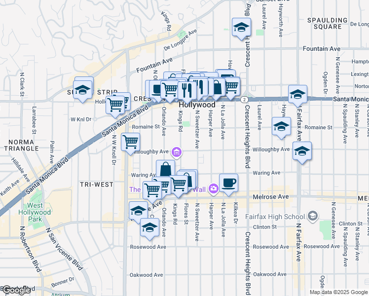 map of restaurants, bars, coffee shops, grocery stores, and more near 912 North Kings Road in West Hollywood