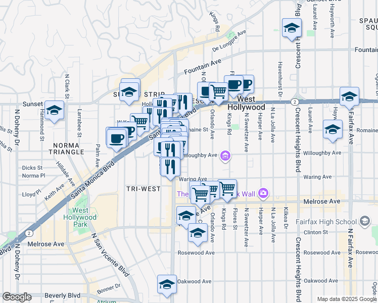 map of restaurants, bars, coffee shops, grocery stores, and more near 911 North Alfred Street in Los Angeles