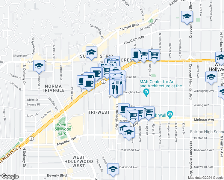 map of restaurants, bars, coffee shops, grocery stores, and more near 894 North West Knoll Drive in West Hollywood