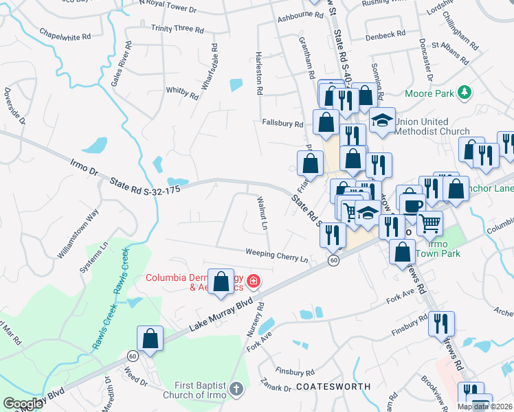 map of restaurants, bars, coffee shops, grocery stores, and more near 135 Walnut Lane in Columbia