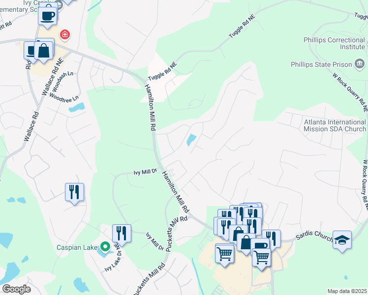 map of restaurants, bars, coffee shops, grocery stores, and more near 3791 Plantation Mill Drive in Buford