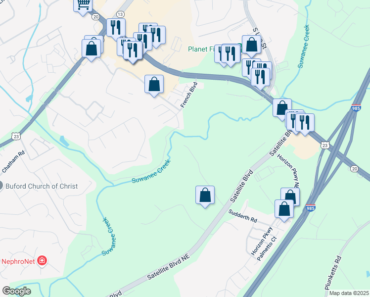 map of restaurants, bars, coffee shops, grocery stores, and more near 3992 Sudderth Road in Buford