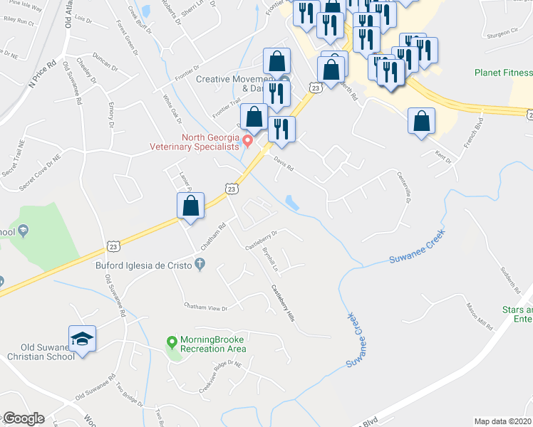 map of restaurants, bars, coffee shops, grocery stores, and more near 4187 Chatham Ridge Drive in Buford