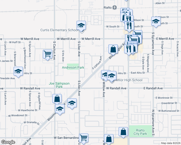 map of restaurants, bars, coffee shops, grocery stores, and more near 778 South Millard Avenue in Rialto