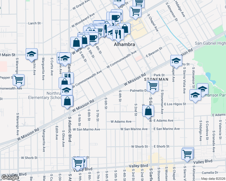 map of restaurants, bars, coffee shops, grocery stores, and more near South 5th Street in Alhambra
