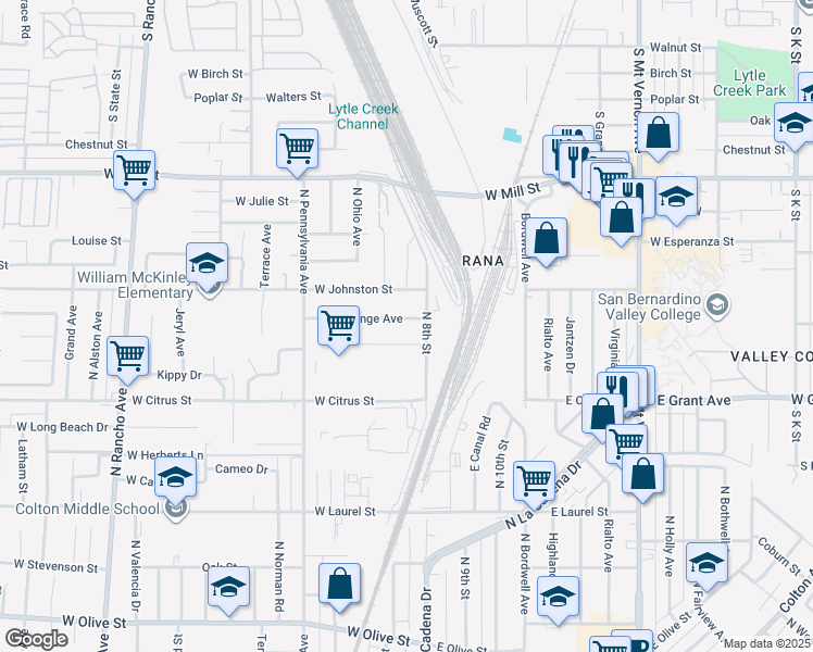 map of restaurants, bars, coffee shops, grocery stores, and more near 1789 North 8th Street in Colton