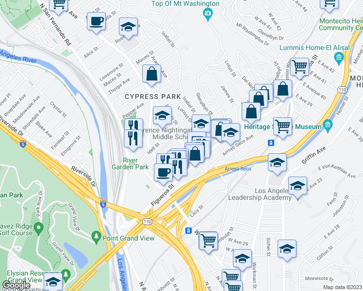 map of restaurants, bars, coffee shops, grocery stores, and more near 2930 Jeffries Avenue in Los Angeles