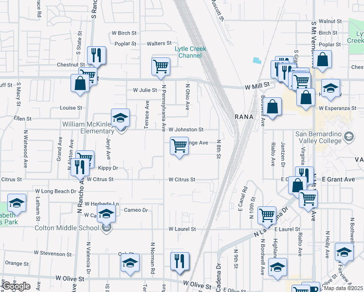 map of restaurants, bars, coffee shops, grocery stores, and more near 274 West Orange Avenue in Colton