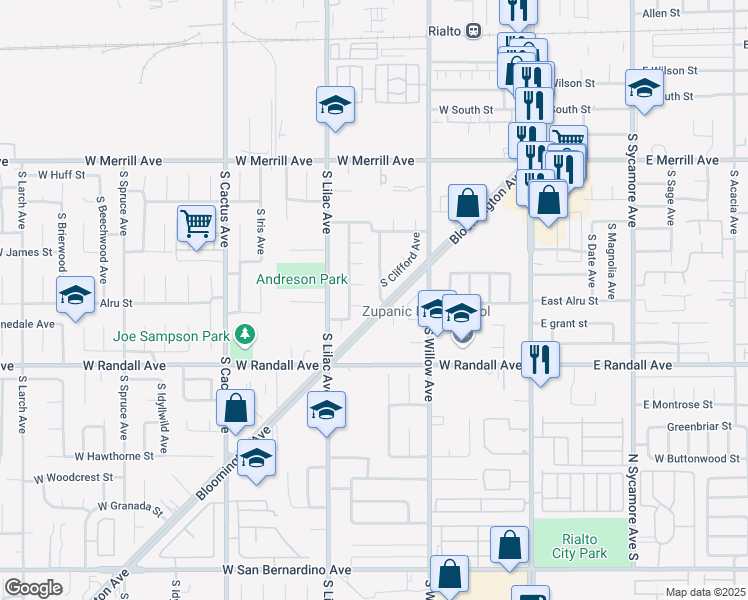 map of restaurants, bars, coffee shops, grocery stores, and more near 778 South Millard Avenue in Rialto