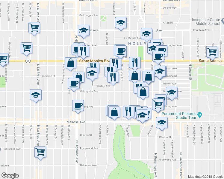 map of restaurants, bars, coffee shops, grocery stores, and more near 6409 Willoughby Avenue in Los Angeles