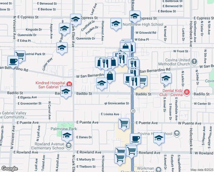 map of restaurants, bars, coffee shops, grocery stores, and more near 259 Pin Lane in Covina