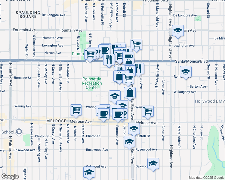 map of restaurants, bars, coffee shops, grocery stores, and more near 7215 Willoughby Avenue in Los Angeles