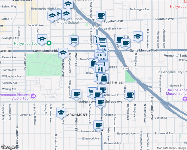 map of restaurants, bars, coffee shops, grocery stores, and more near 5436 Barton Avenue in Los Angeles