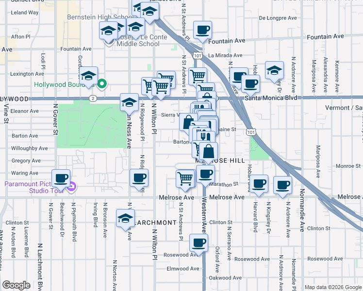 map of restaurants, bars, coffee shops, grocery stores, and more near 5456 Barton Avenue in Los Angeles