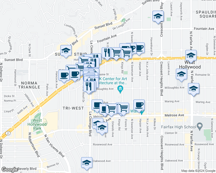 map of restaurants, bars, coffee shops, grocery stores, and more near 906 Croft Avenue in West Hollywood
