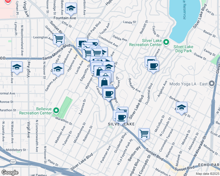 map of restaurants, bars, coffee shops, grocery stores, and more near 3324 Hamilton Way in Los Angeles