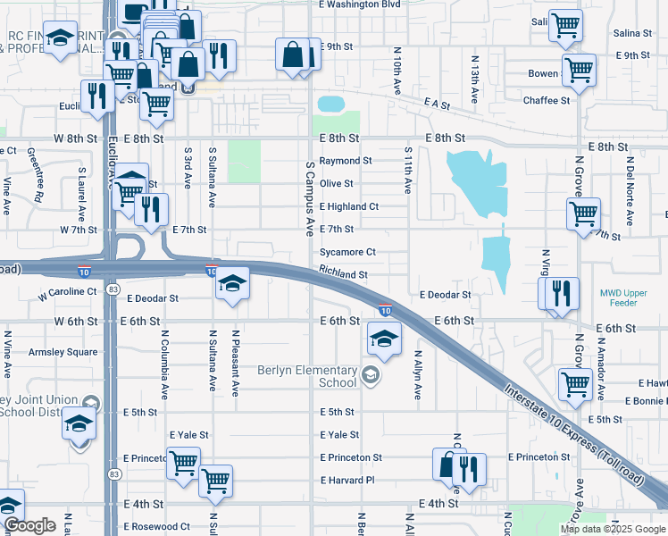 map of restaurants, bars, coffee shops, grocery stores, and more near 791 Richland Street in Upland
