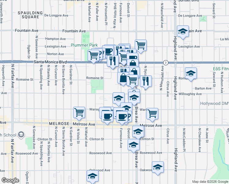 map of restaurants, bars, coffee shops, grocery stores, and more near 7215 Willoughby Avenue in Los Angeles