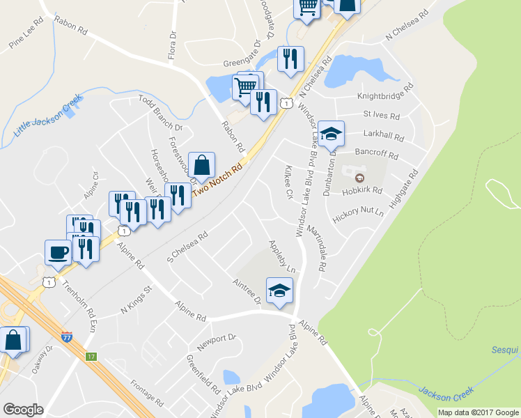 map of restaurants, bars, coffee shops, grocery stores, and more near 3081 Appleby Lane in Columbia