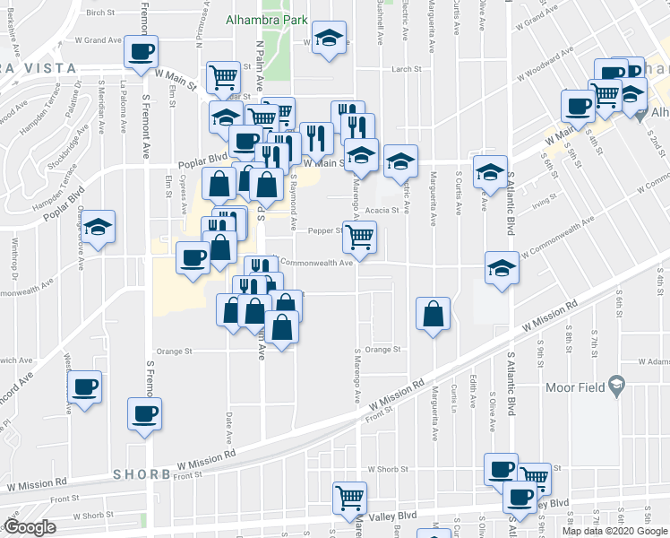 map of restaurants, bars, coffee shops, grocery stores, and more near 1720 West Commonwealth Avenue in Alhambra